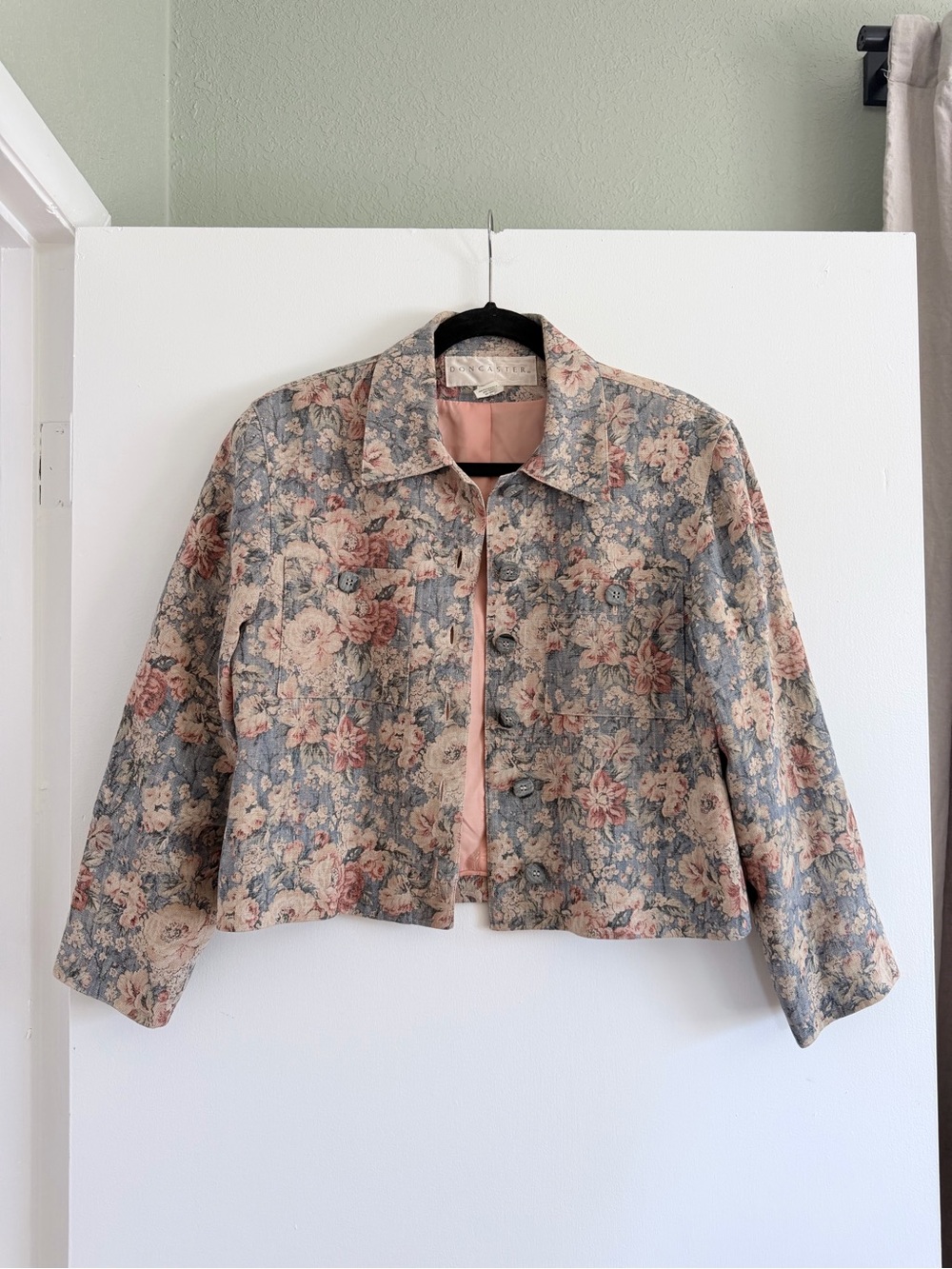 Vintage Doncaster Cropped Linen Floral Jacket Blue Pink Chore Blazer S
